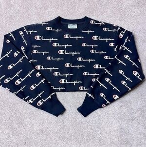 Champion Vintage Reverse Weave Cropped Sweatshirt XS Script Logo Navy Blue Y2K